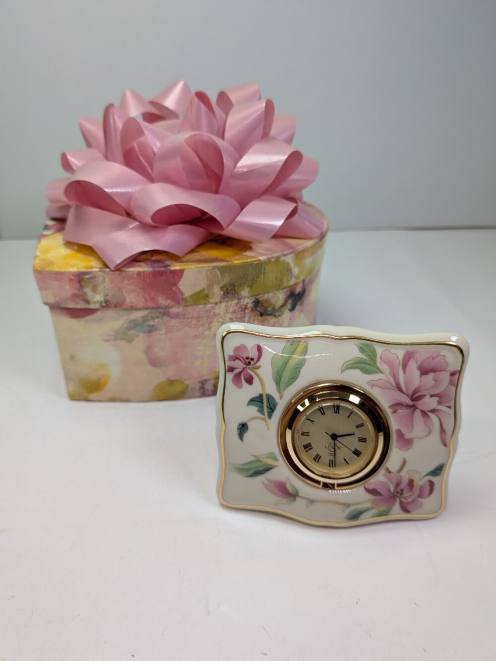 Vintage Lenox Floral Ivory Porcelain Miniature Tabletop Clock w Heart Gift Box